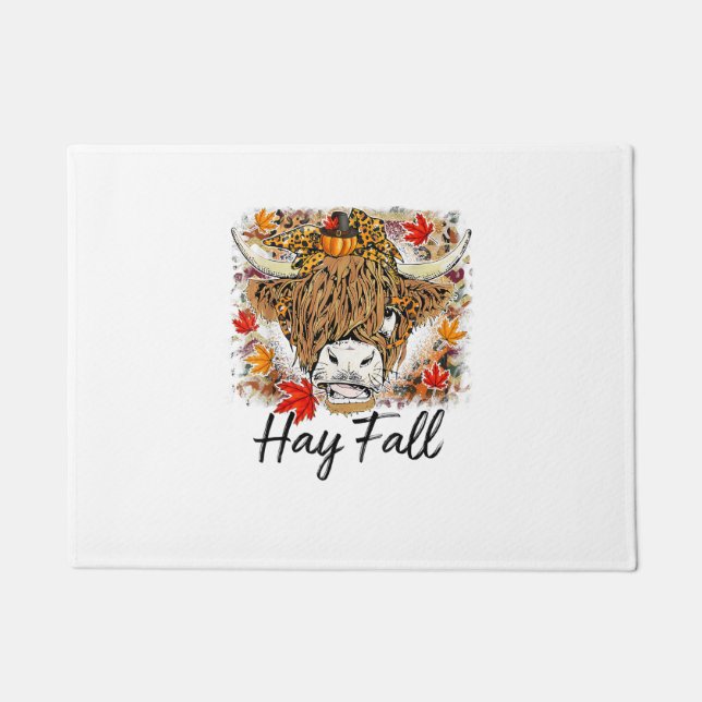 Hay Fall Highland Cow Leopard Thanksgiving Heifer  Doormat (Front)