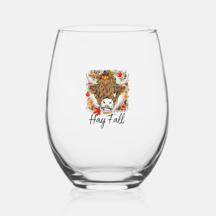 Hay Fall Highland Cow Leopard Thanksgiving Heifer  Stemless Wine Glass