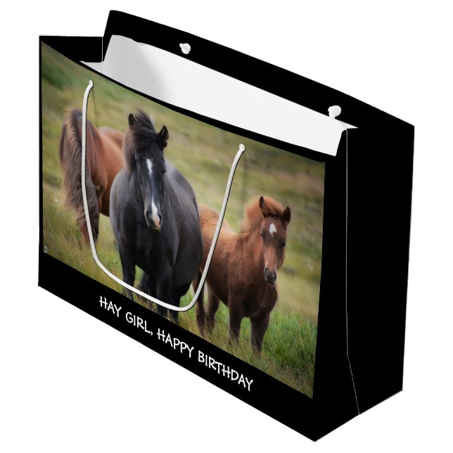 Hay Girl Happy Birthday Horse Large Gift Bag (Front Angled)