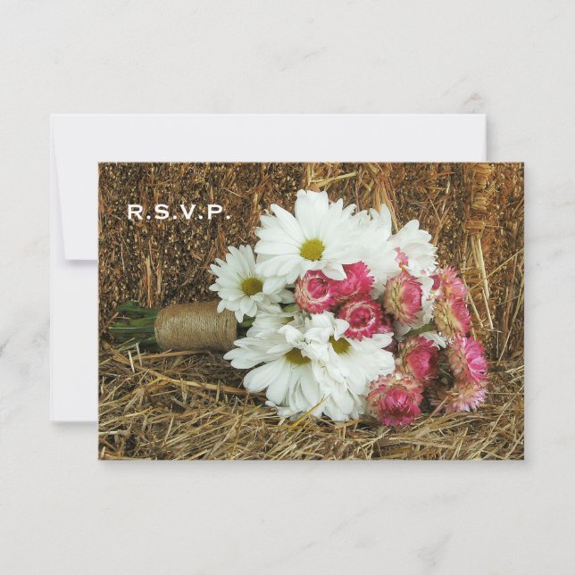 Hay Wedding RSVP - Daisy & Pink Bouquet Card (Front)