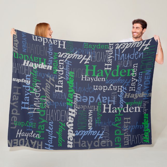 Hayden personalised name green blue grey blanket (In Situ)