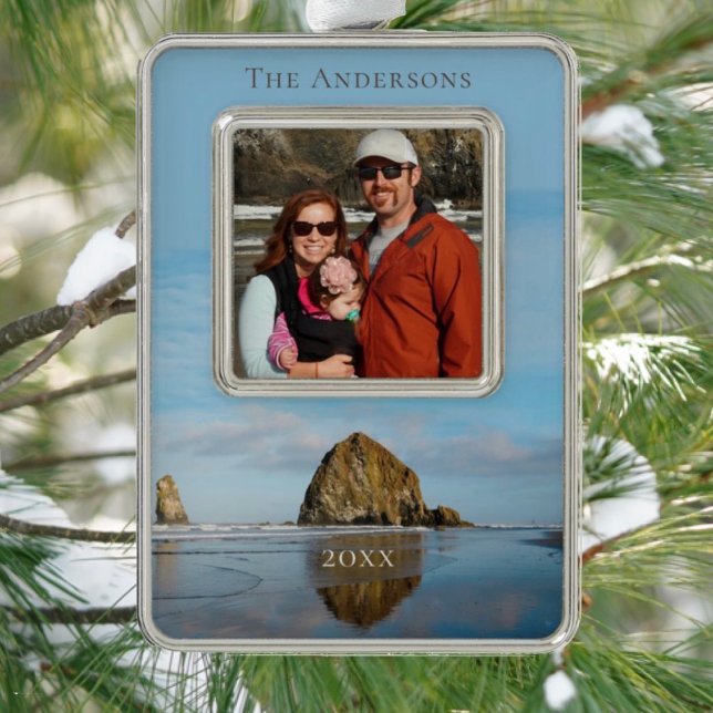Haystack Rock Family Photo Cannon Beach Christmas  Silver Plated Framed Ornament (Creator Uploaded)