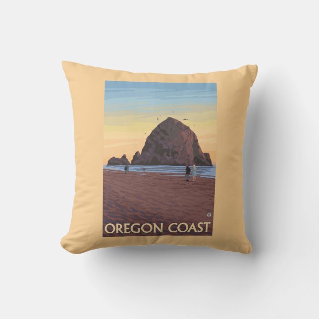 Haystack Rock Vintage Travel Poster Cushion (Front)