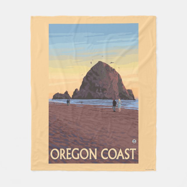 Haystack Rock Vintage Travel Poster Fleece Blanket (Front)