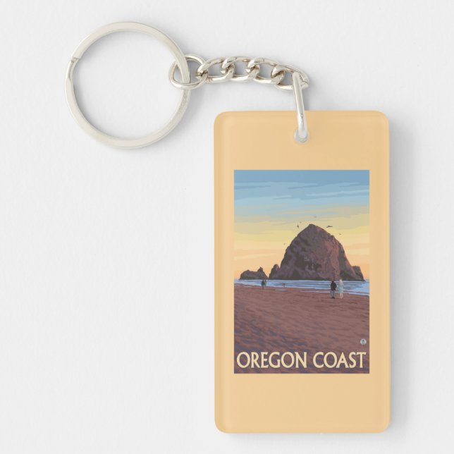 Haystack Rock Vintage Travel Poster Key Ring (Front)