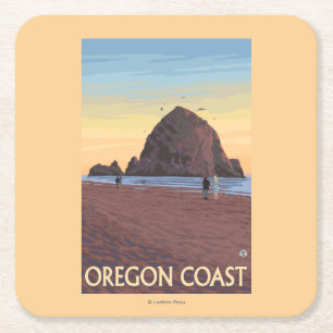 Haystack Rock Vintage Travel Poster Square Paper Coaster