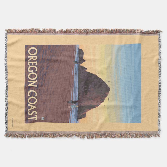 Haystack Rock Vintage Travel Poster Throw Blanket (Front)