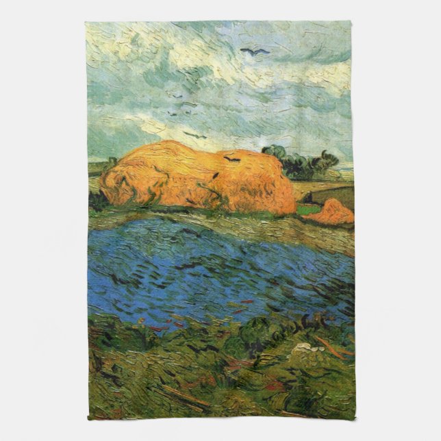 Haystacks Under a Rainy Sky by Vincent van Gogh Tea Towel (Vertical)