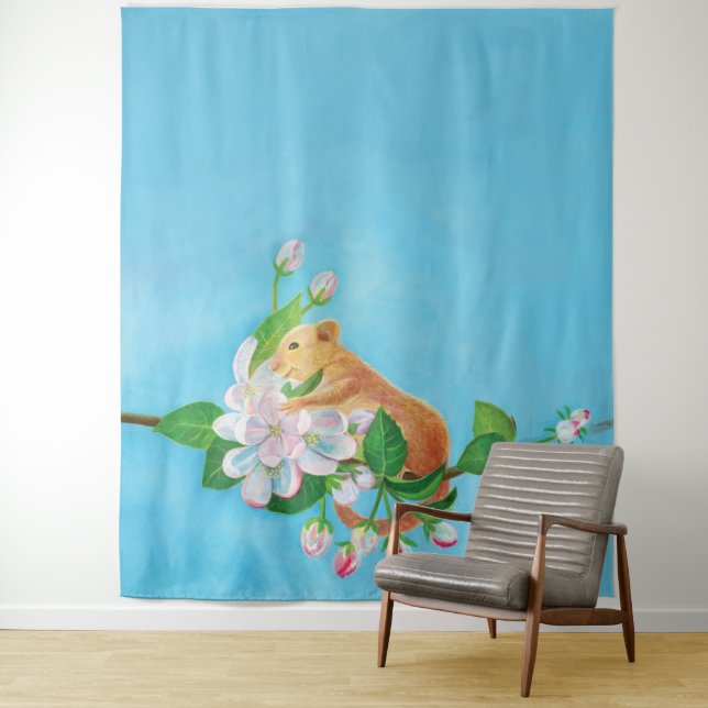 Hazel Dormouse on a blooming branch Tapestry (In Situ)