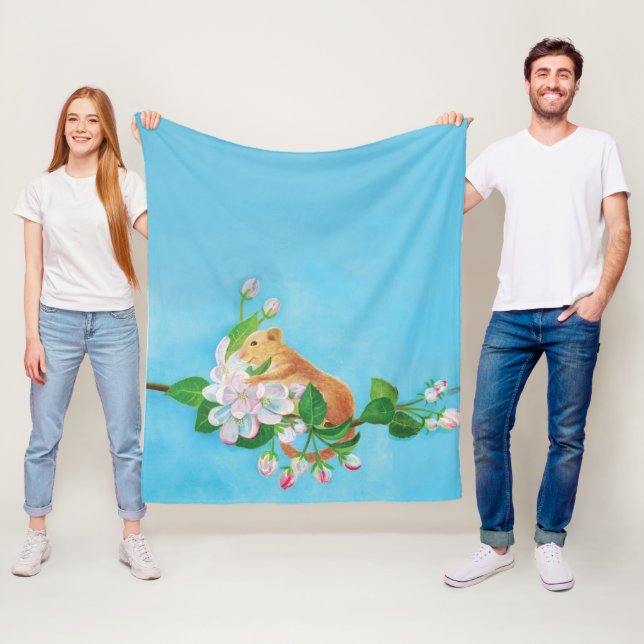   Hazel Dormouse on blooming branch of apple tree  Fleece Blanket (In Situ)