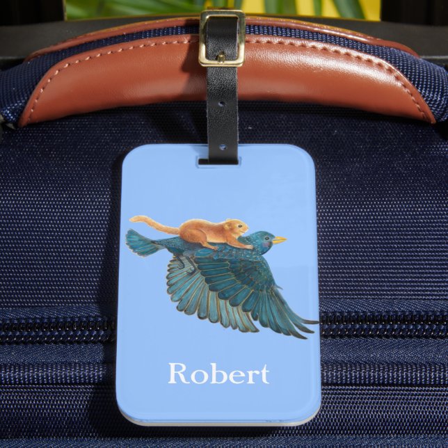 Hazel dormouse & Starling Personalised Luggage Tag (Front Insitu 2)
