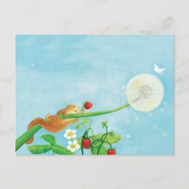Hazel Dormouse, wild strawberries & dandelion puff Postcard (Front)