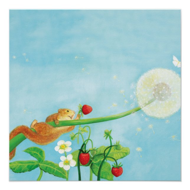 Hazel Dormouse, wild strawberries & dandelion puff Poster (Front)