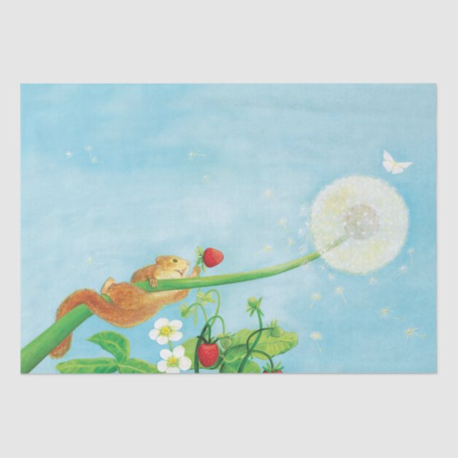 Hazel Dormouse, wild strawberries & dandelion puff Tissue Paper (Front)
