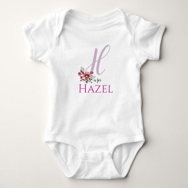 Hazel Name Reveal Floral Letter H Girl Whimsical Baby Bodysuit (Front)