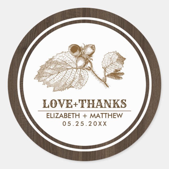 Hazelnut Branch Barn Wood Farm Wedding  Classic Round Sticker (Front)