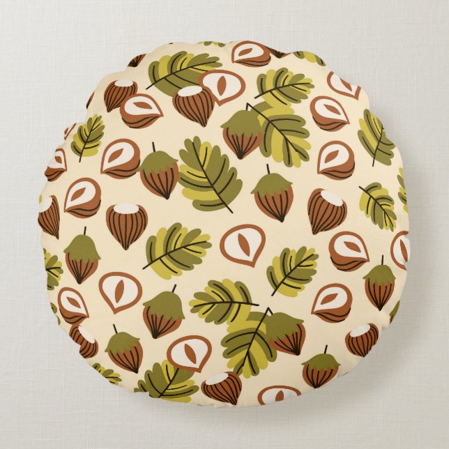Hazelnut Leaves Acorns Seamless Pattern Round Cushion (Front)