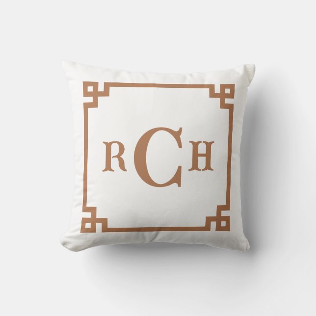 Hazelnut Tan Chinoiserie Greek Key Monogram Cushion (Front)