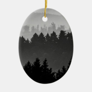 Hazy Forest Hills Black and White Landscape Photo Ceramic Tree Decoration