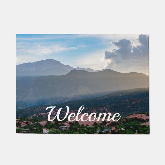 Hazy Pikes Peak Sunset Welcome Doormat (Front)