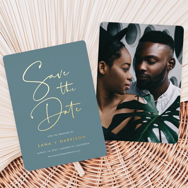 Hazy Teal | Modern Script Photo Save the Date (Creator Uploaded)
