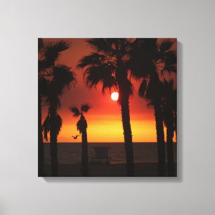 HB Sunset Palms & Seagull Canvas Print