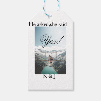 He asked she said yes engagement photo name stylis gift tags