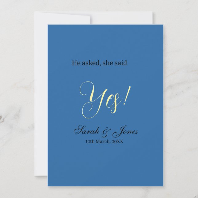 He asked she said yes engagement simple blue yello invitation (Front)