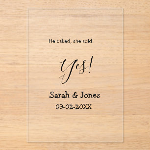 He asked she said yes engagement simple minimal acrylic invitations
