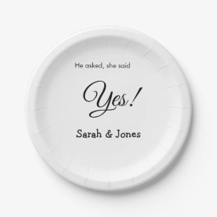 He asked she said yes engagement simple minimal paper plate
