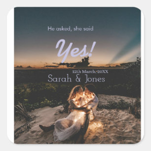 He asked she said yes engagement simple photo blue square sticker
