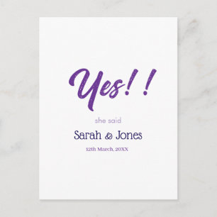He asked she said yes engagement simple purple bol postcard