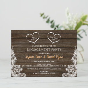 He asked She Said Yes Lace Wood Engagement Invitation