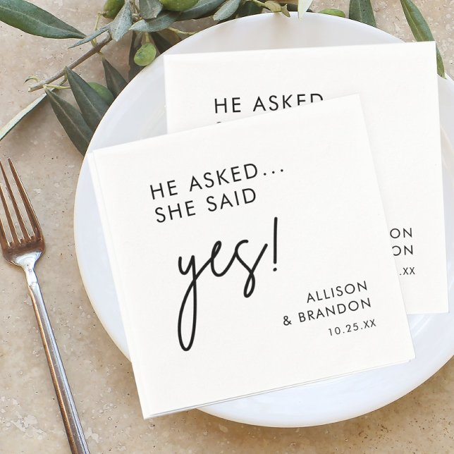He Asked She said Yes Modern Engagement Party Napkin (Creator Uploaded)