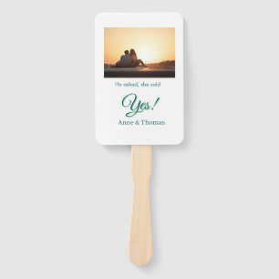 He asked she said yes photo engaged blue green hand fan