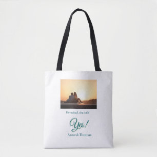 He asked she said yes photo engaged blue green tote bag