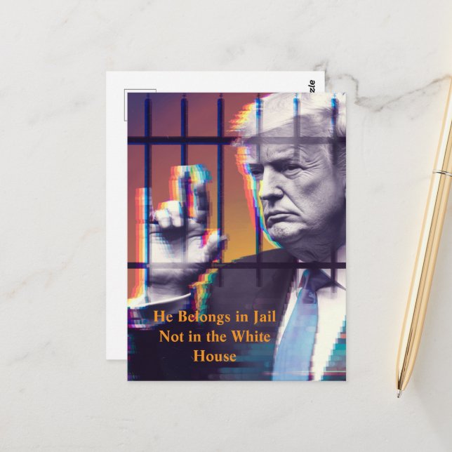 He Belongs In Jail Glitch Art Behind Prison Bars Postcard (Front/Back In Situ)