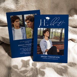 He Did It Blue & White 3 Photo Graduation Party Invitation