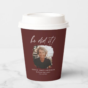 He did it burgundy modern photo graduation  paper cups