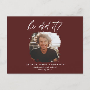 He did it burgundy modern photo graduation postcard