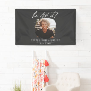 He did it charcoal grey modern photo graduation banner