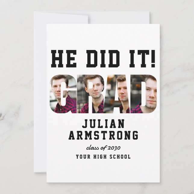 He Did It Graduation 4 Photo QR Code Grad Party Invitation (Front)