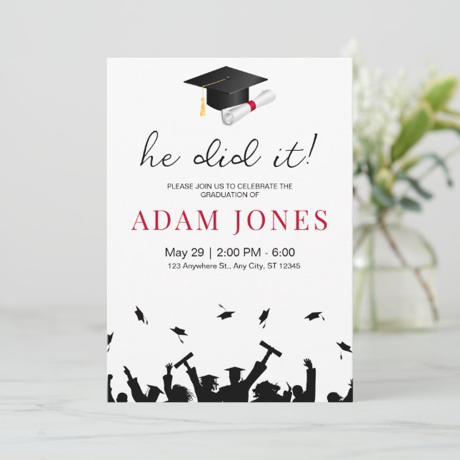 He Did It Graduation Invitation, Minimalist Senior Invitation (Standing Front)