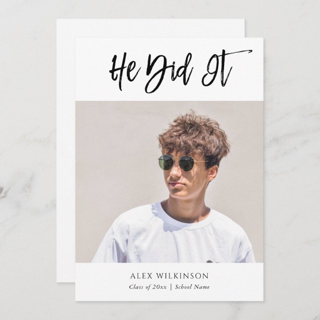 He Did It Modern Calligraphy Photo Graduation Announcement (Front/Back)