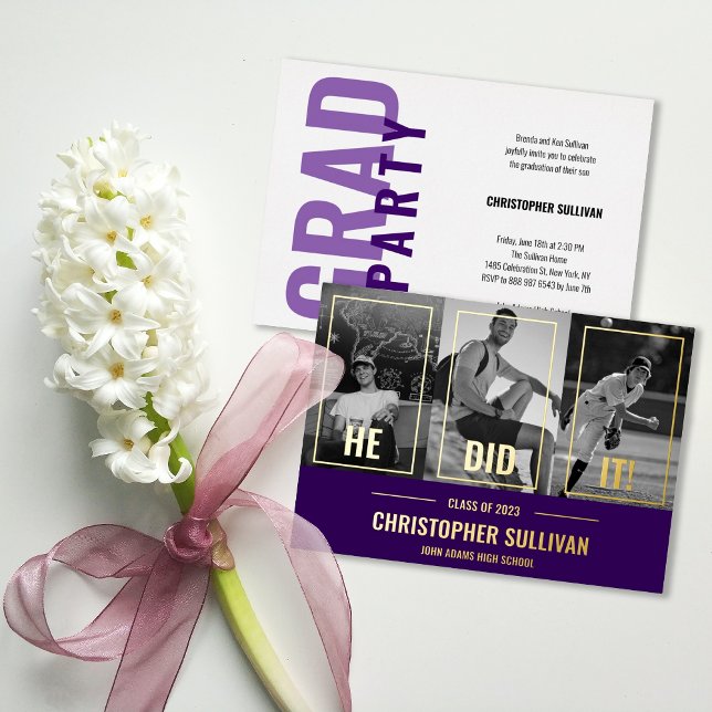 He Did It Modern Photo Grad Party Foil Invite  (Creator Uploaded)