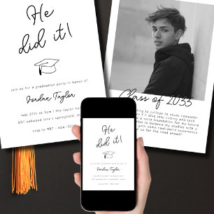 He Did It Photo Graduation Party Black and White Invitation