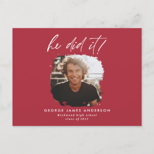 He did it red modern photo graduation   postcard
