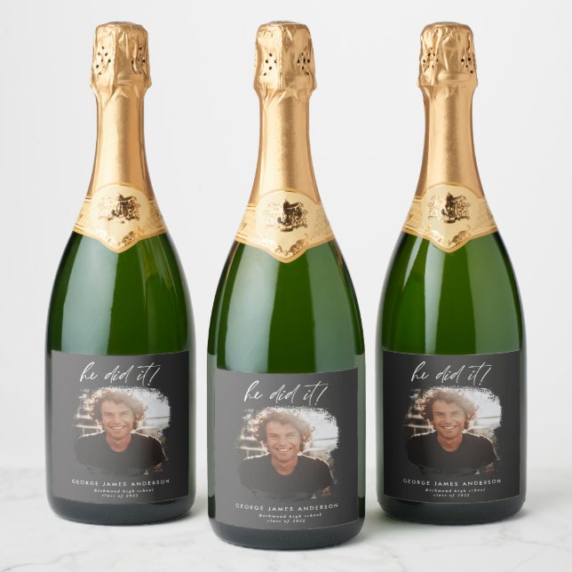 He did it script photo graduation party black sparkling wine label (Bottles)