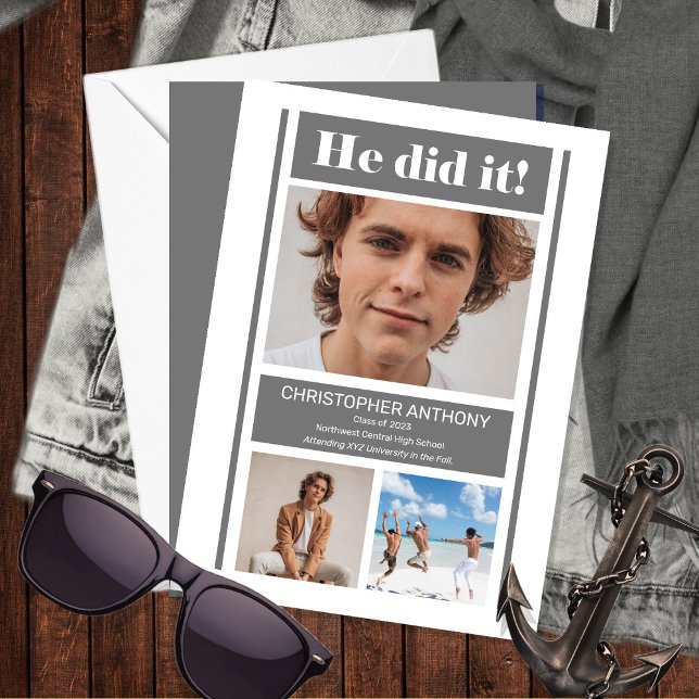 He Did It Simple Minimalist Gray Graduation Announcement (Creator Uploaded)