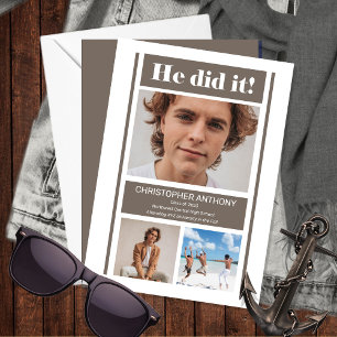 He Did It Simple Minimalist Greige Graduation Announcement